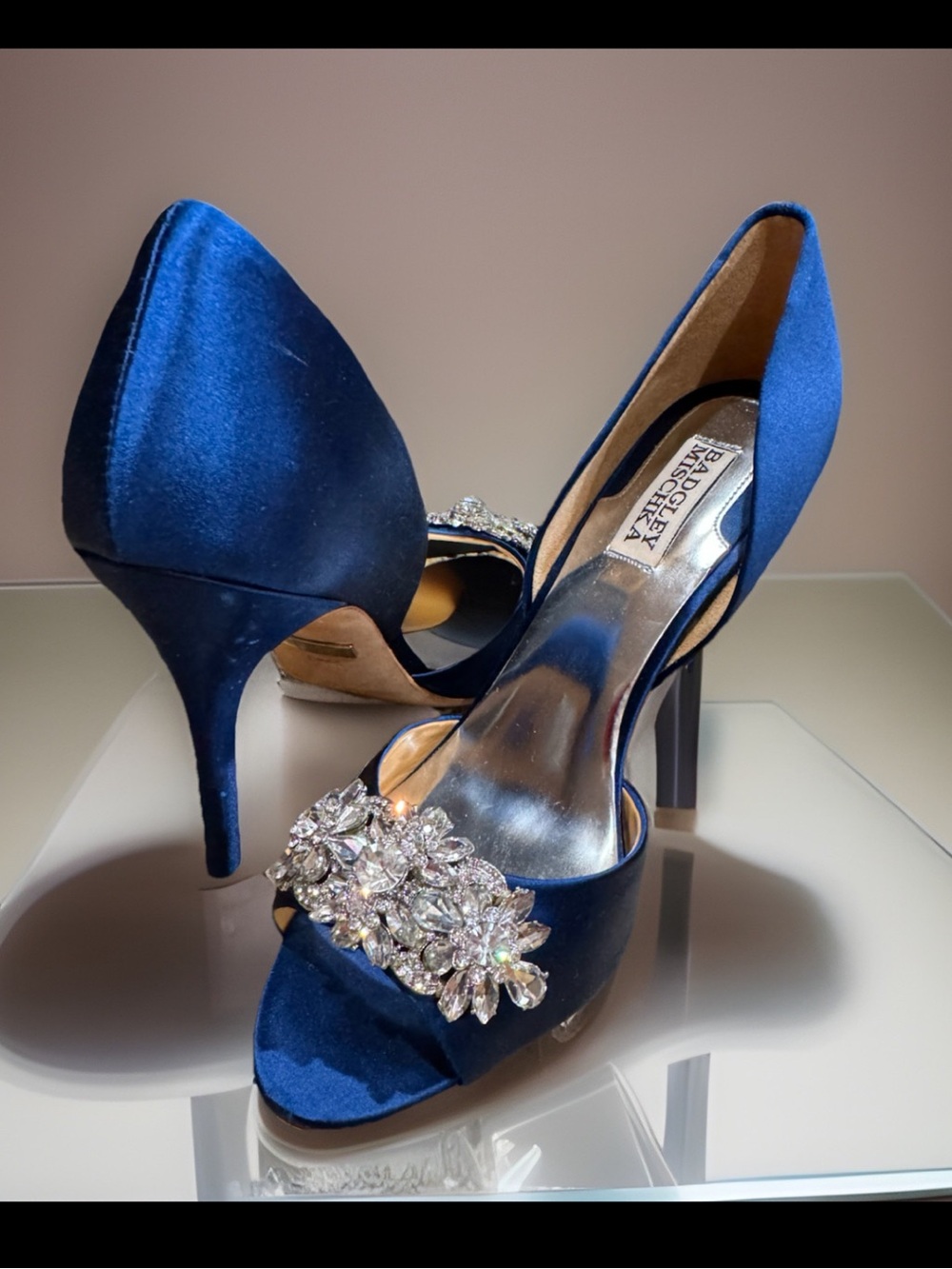 Badgley Mischka Navy Satin Crystal-Embellished D'Orsay Pumps size 8.5M